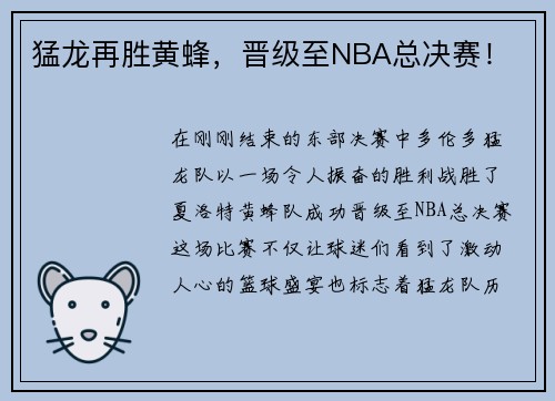 猛龙再胜黄蜂，晋级至NBA总决赛！