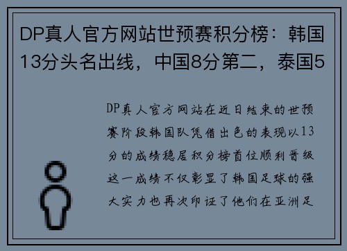 DP真人官方网站世预赛积分榜：韩国13分头名出线，中国8分第二，泰国5分第三